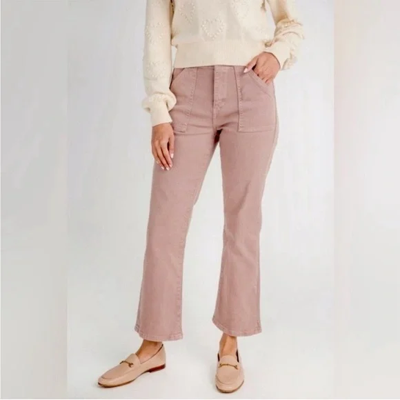 Risen High Rise Wide Leg Jeans Cropped Ankle Square Pockets Stretch Mauve Pink - Picture 2 of 6